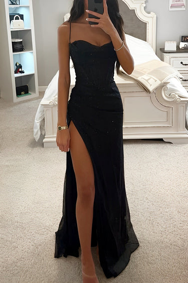 Corset Maxi Dress with High Slit and Spaghetti Straps