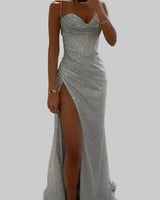 Corset Maxi Dress with High Slit and Spaghetti Straps