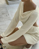 Cowl Neck Mini Dress with Open Back Tie and Long Sleeves