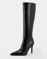 Croc-Embossed Knee-High Boots with Pointed Toe