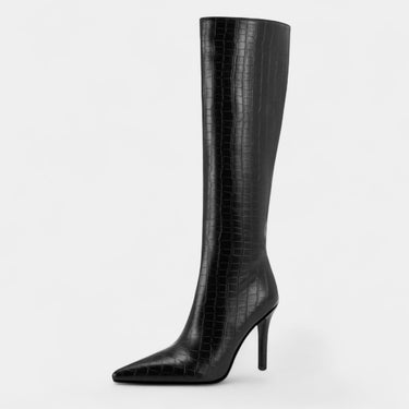 Croc-Embossed Knee-High Boots with Pointed Toe
