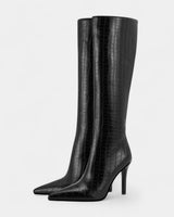 Croc-Embossed Knee-High Boots with Pointed Toe
