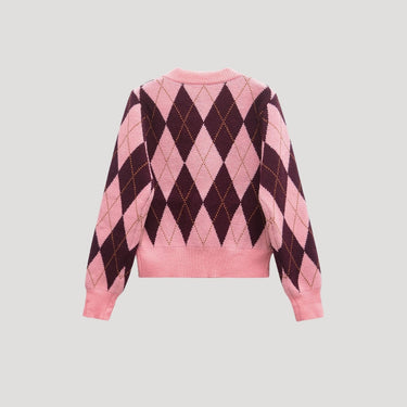 Cropped Argyle Knit Cardigan