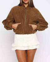 Suede biker jacket with ribbed hem and batwing sleeves, rear three-quarter view