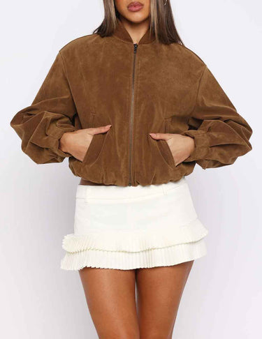Suede biker jacket with ribbed hem and batwing sleeves, rear three-quarter view