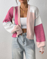 Side view of cropped open-front cardigan with dropped shoulders