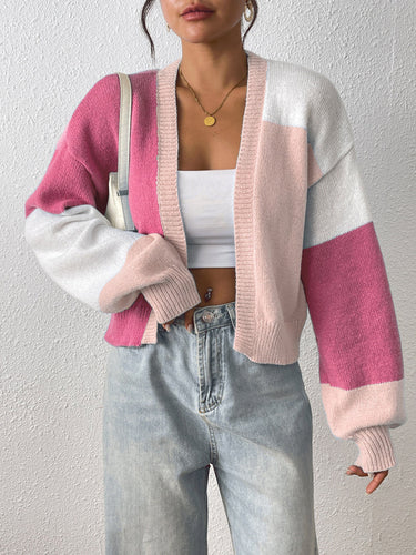 Side view of cropped open-front cardigan with dropped shoulders