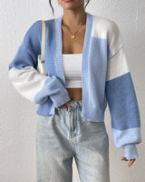 Cropped colour block cardigan with open front and ribbed cuffs, front view