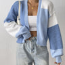Cropped colour block cardigan with open front and ribbed cuffs, front view