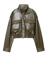 Cropped Jacket with Zip Front and Stand Collar