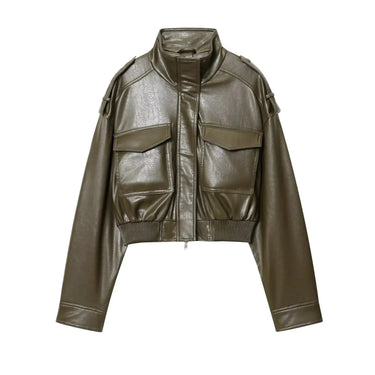 Cropped Jacket with Zip Front and Stand Collar