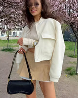 Cropped Varsity Bomber Jacket with Flap Pockets