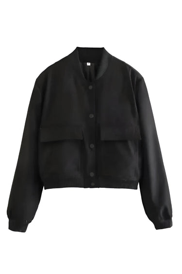 Cropped Varsity Bomber Jacket with Flap Pockets