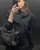 Cropped Varsity Bomber Jacket with Flap Pockets