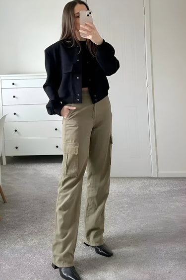 Cropped Varsity Bomber Jacket with Flap Pockets