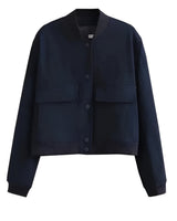 Cropped Varsity Bomber Jacket with Flap Pockets