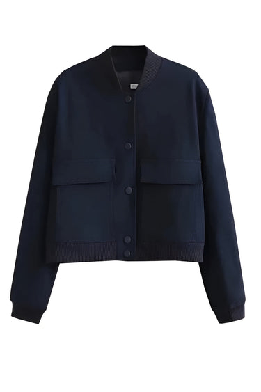 Cropped Varsity Bomber Jacket with Flap Pockets