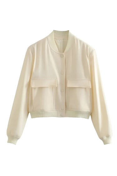 Cropped Varsity Bomber Jacket with Flap Pockets