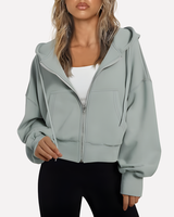Cropped Women's Relaxed Hoodie with Zip Front and Drawstring Hood
