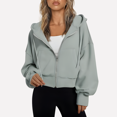 Cropped Women's Relaxed Hoodie with Zip Front and Drawstring Hood