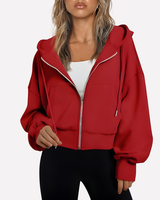 Cropped Women's Relaxed Hoodie with Zip Front and Drawstring Hood