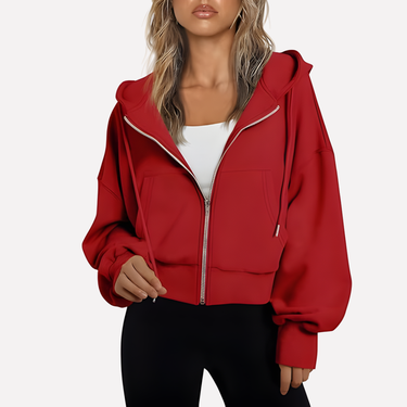 Cropped Women's Relaxed Hoodie with Zip Front and Drawstring Hood