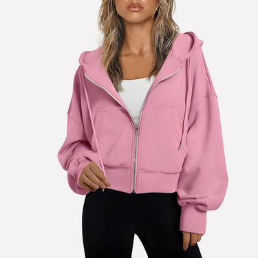 Cropped Women's Relaxed Hoodie with Zip Front and Drawstring Hood