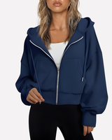 Cropped Women's Relaxed Hoodie with Zip Front and Drawstring Hood