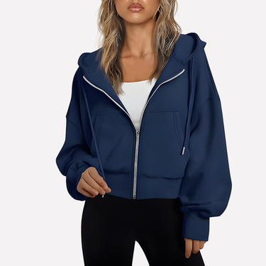 Cropped Women's Relaxed Hoodie with Zip Front and Drawstring Hood