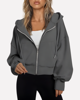 Cropped Women's Relaxed Hoodie with Zip Front and Drawstring Hood