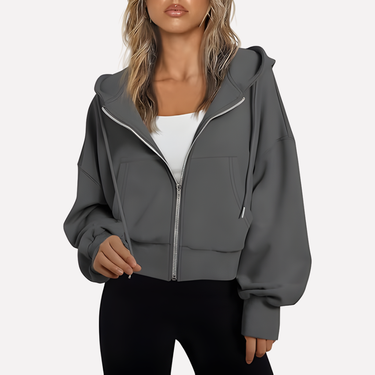 Cropped Women's Relaxed Hoodie with Zip Front and Drawstring Hood