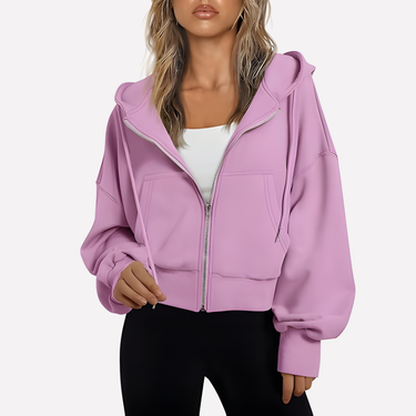Cropped Women's Relaxed Hoodie with Zip Front and Drawstring Hood