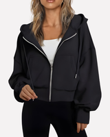 Cropped zip hoodie in olive green, back view showing hood and hem