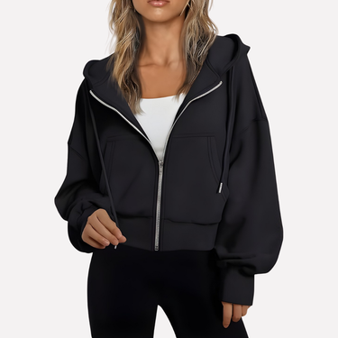 Cropped zip hoodie in olive green, back view showing hood and hem