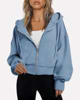 Cropped zip hoodie in black with full-length zip, front view