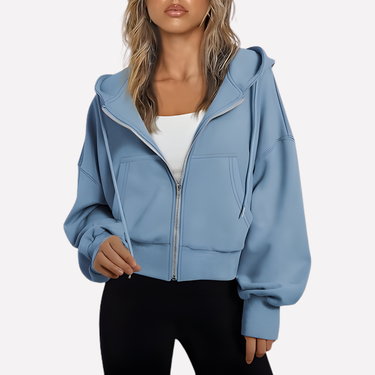 Cropped zip hoodie in black with full-length zip, front view