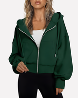 Cropped zip hoodie in light blue with ribbed cuffs, front view