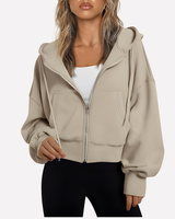 Cropped zip hoodie in taupe with drawstring hood, front view