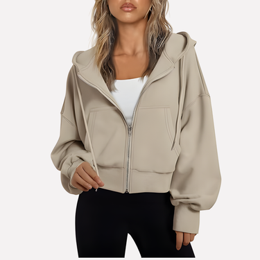 Cropped zip hoodie in taupe with drawstring hood, front view