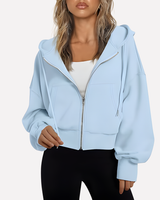 Cropped zip hoodie in taupe, detail view of zip and ribbed hem