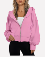 Cropped zip hoodie in dark green, front view showing silhouette