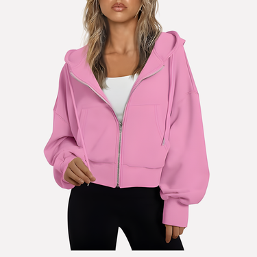Cropped zip hoodie in dark green, front view showing silhouette