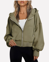 Cropped zip hoodie in olive green with drawstring hood, front view