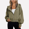 Cropped zip hoodie in olive green with drawstring hood, front view