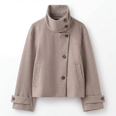 Cropped wool coat with roll cuffs and welt pockets, side or back view