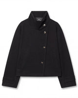 Cropped wool coat with asymmetric button placket and stand collar, front view