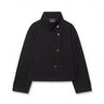 Cropped wool coat with asymmetric button placket and stand collar, front view