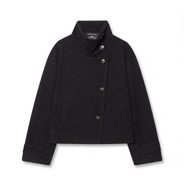 Cropped wool coat with asymmetric button placket and stand collar, front view