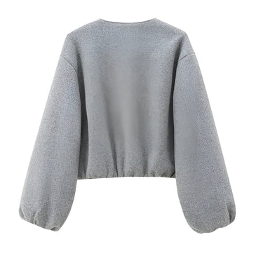 Cropped Zip Front Bomber Jacket with Balloon Sleeves