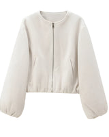 Cropped Zip Front Bomber Jacket with Balloon Sleeves